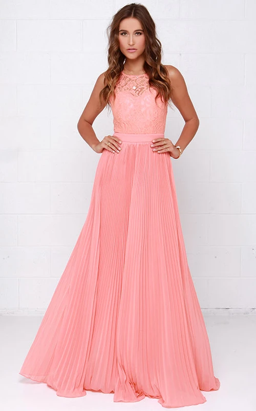 Robe plissée unique sans manches avec corsage en dentelle