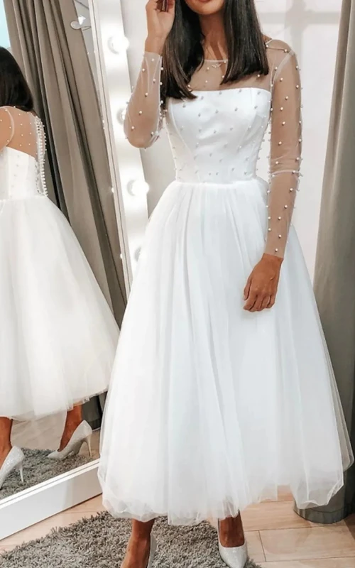 Robe de mariée modeste de coupe bateau, longueur thé, manches longues, ornée de perles