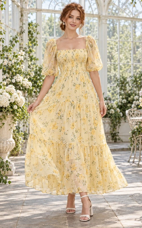Daffodil Floral Print Square Neck Puff Sleeve Chiffon Ankle Length A Line Guest Dress