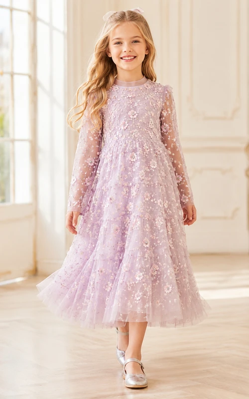 Flower Girl Dress Lavender Lace Tulle A-Line Long Sleeve Jewel Neck Tea Length