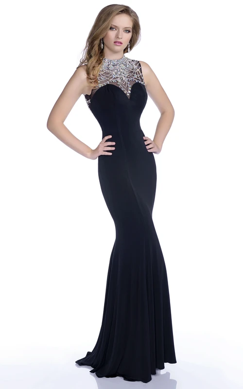 Vestido de sirena sin mangas de jersey con cuello alto, espalda con abertura y bordado de cristal.