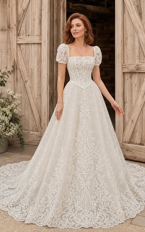 Vestido de novia vintage de corte A con mangas cortas, cuello cuadrado, corsé y encaje ornamentado con cola catedral.