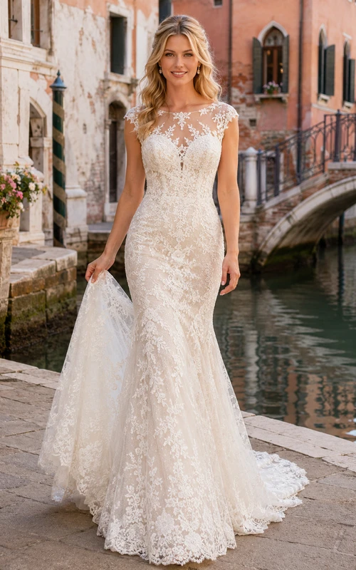 Robe de mariée sirène modeste à manches courtes en dentelle illusion bateau, coupe bateau