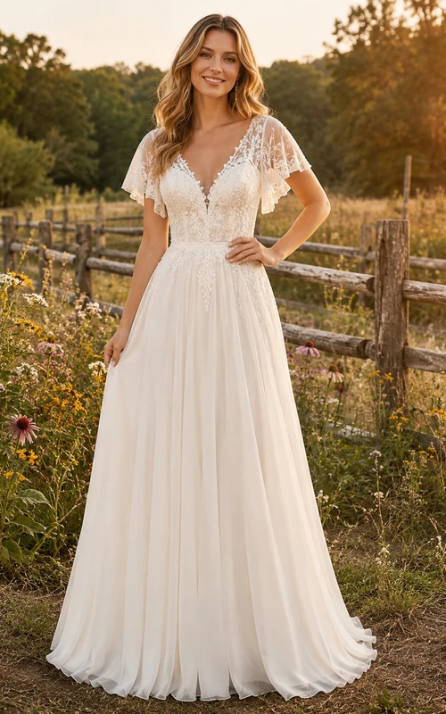 Brautkleid im Landhausstil aus Chiffon und Spitze, A-Linie, V-Ausschnitt, ärmellos, Kapellenschleppe, tiefer V-Ausschnitt am Rücken