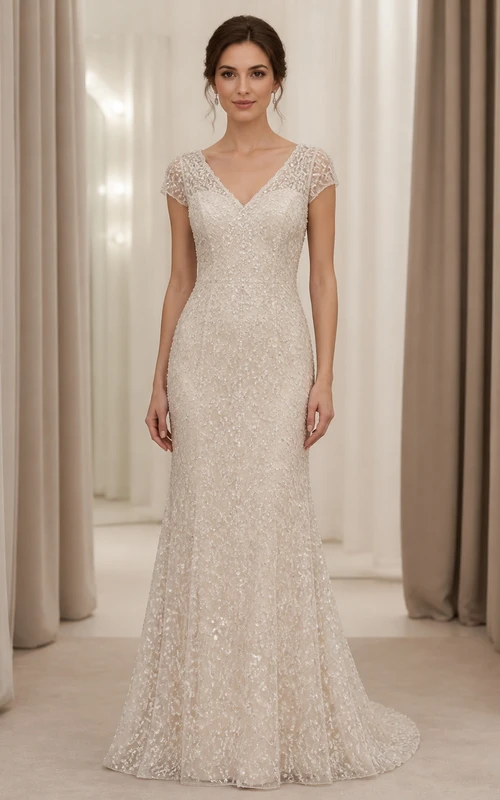 Vestido de novia modesto estilo sirena con escote en V, mangas cortas y cola de encaje.
