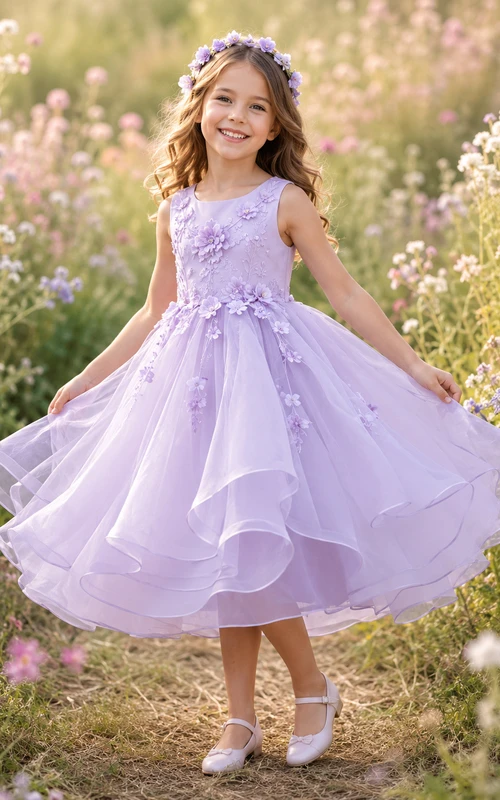 Flower Girl Dress Lavender Lace Tulle A-Line Scoop Neck Tea Length