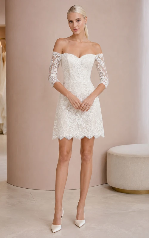 Elegant Short Off Shoulder Three-Quarter Lace Sheath Romantic Wedding Dress