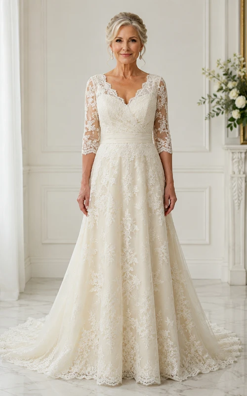 Robe de mariée trapèze en dentelle à manches longues et dos en V pour mariées plus mûres