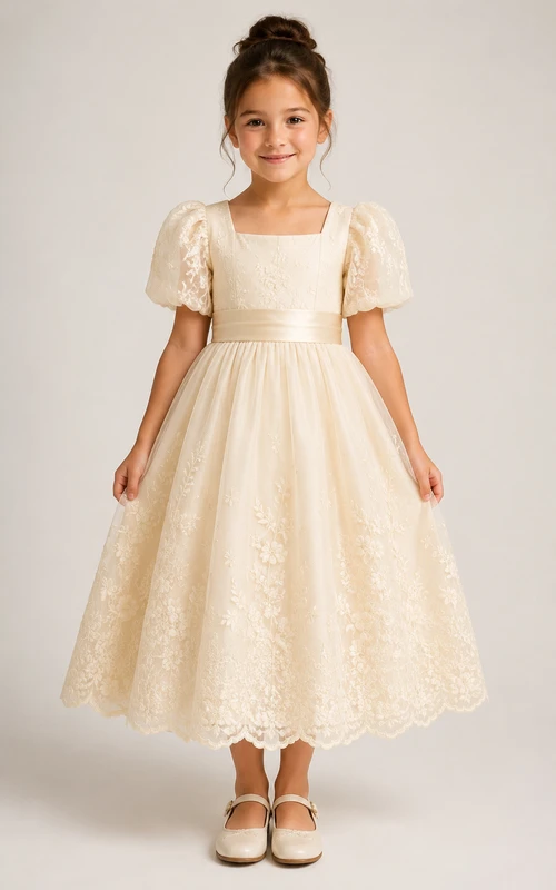 A-line Tea-length Puff Sleeve Lace Flower Girl Dress with Champagne puff sleeves and lace overlay skirt