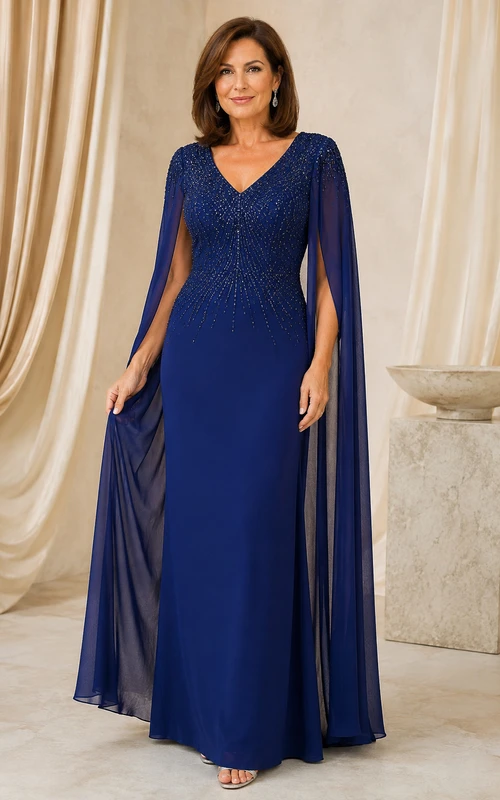 Marineblaues Mutterkleid mit V-Ausschnitt und transparenten Cape-Ärmeln