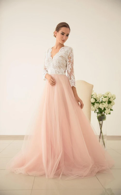 Tüllhochzeit, rosa Hochzeitskleid aus Spitze und Tüll, Brautjungfernkleid mit langen Ärmeln