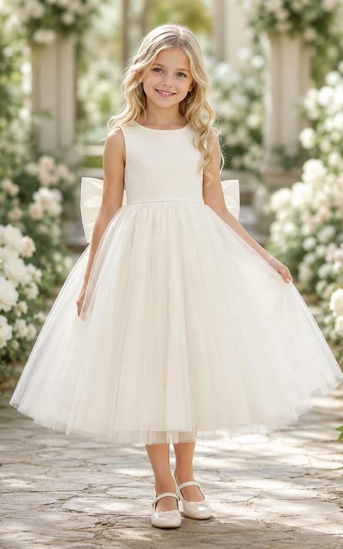 Bow Back Tulle A-Line Flower Girl Dress with Jewel Neck and Tea-Length Skirt