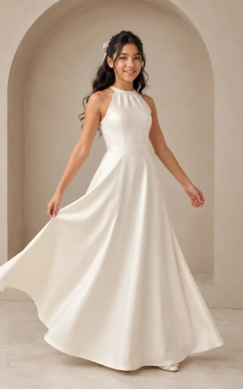 Junior-Brautjungfernkleid, A-Linie, hoher Kragen, ärmellos, Satin, schlicht