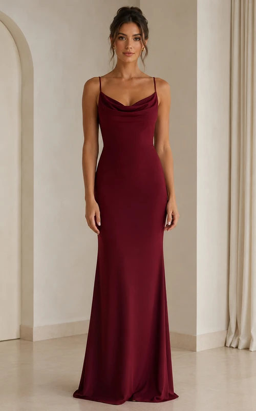 Vestido de dama de honor de satén burdeos con cuello drapeado y corte recto