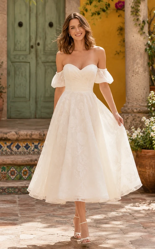Vintage Romantic Off-Shoulder Puff Sleeve Tea-Length Civil Destination Wedding Dress