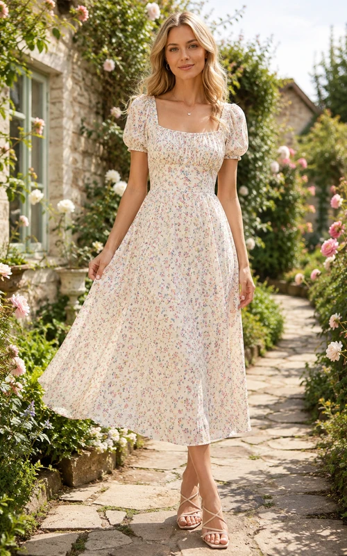 Ditsy Floral Square Neck Puff Sleeve Midi Dress
