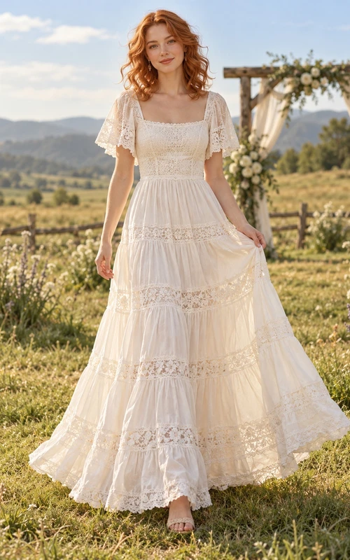 Boho Square Neck Flutter Sleeve Tiered Lace Ankle Length Wedding Dress