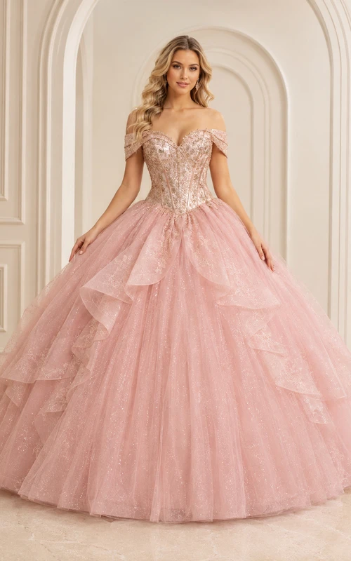Vestido de baile de quinceañera de princesa, color rosa rubor, oro rosa, con hombros descubiertos, brocado metálico, vestido de princesa