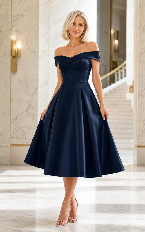 Navy off shoulder satin A-line tea length cocktail dress