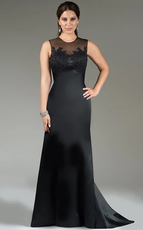 Elegantes, langes Brautjungfernkleid aus Satin mit Illusion-Ausschnitt, Applikationen und Schlüssellochausschnitt