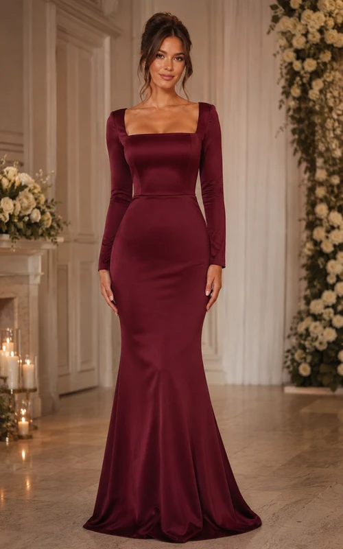Robe de demoiselle d'honneur sirène en satin bordeaux à col carré et manches longues