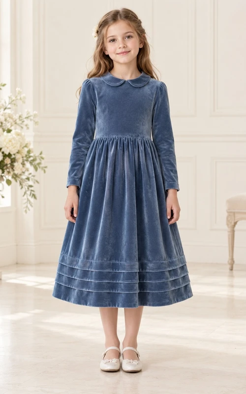 Schlichtes, langärmeliges, stahlblaues, teelanges Blumenmädchenkleid mit abgerundetem Kragen und komplett gerafftem Saum