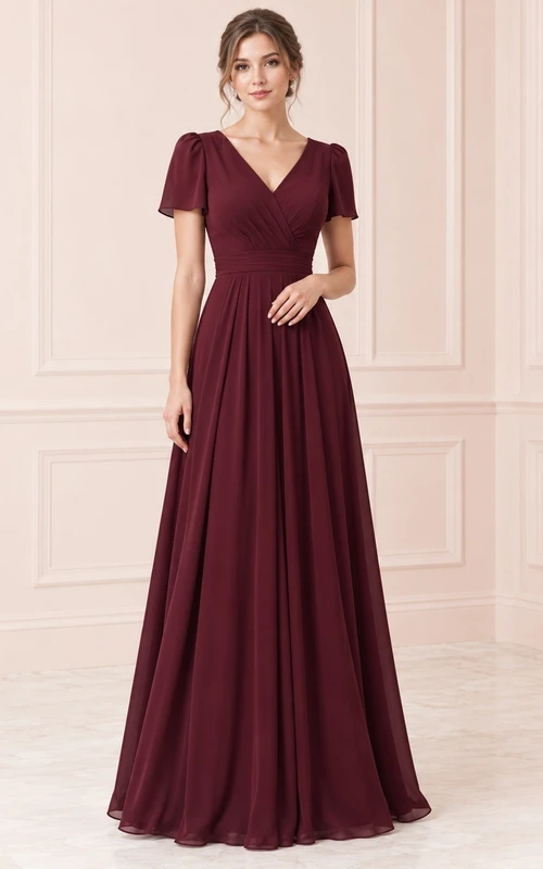 Vestido de dama de honor largo hasta el suelo, de gasa fruncida, con escote en V y mangas con volantes, color burdeos discreto.