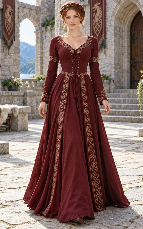 Viking Burgundy Queen Anne Long Sleeve Embroidered A-line Bridesmaid Gown