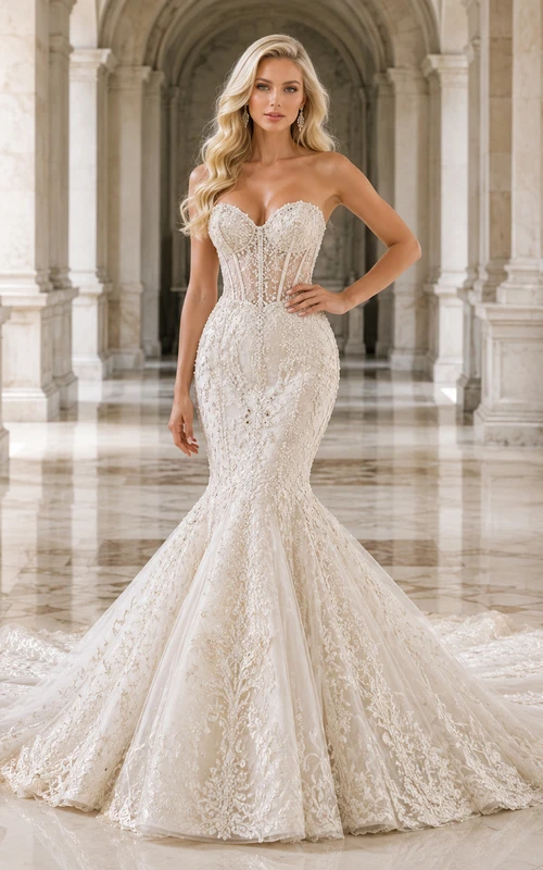 Trägerloses Brautkleid mit Herzausschnitt, Perlenbesatz, Meerjungfrauen-Stil, Illusion-Teppich, Kapellenschleppe