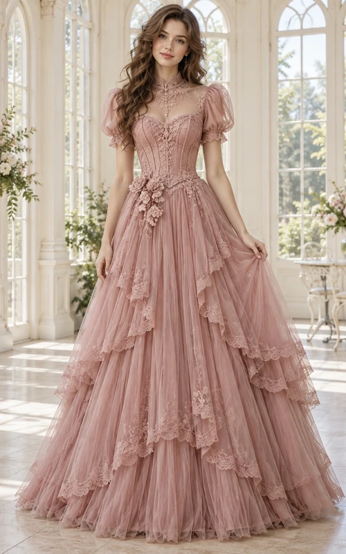 Robe victorienne en tulle à volants, manches bouffantes, corset en dentelle rose poudré et manches bouffantes.