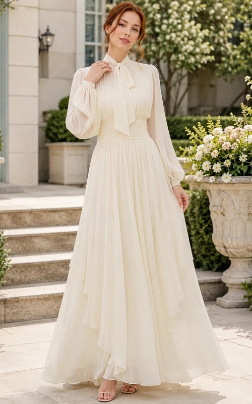 Romantic Champagne High Neck Long Sleeve Floor-length Chiffon Bow Dress
