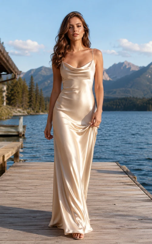 Robe nuisette en satin à col bénitier pour une fugue amoureuse au bord d'un lac