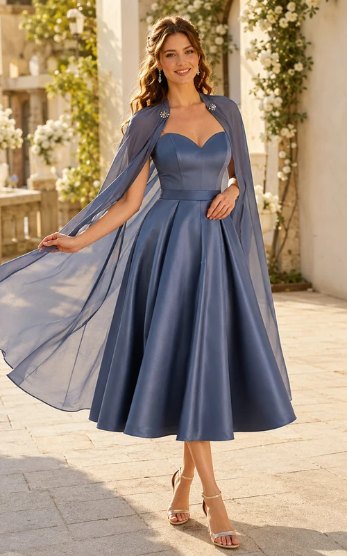 Vestido de invitada midi completo de satén azul acero con escote corazón y capa desmontable.