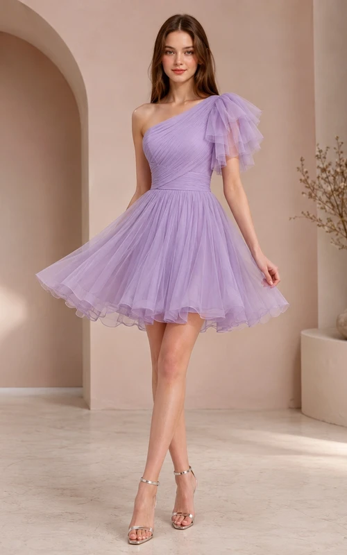 Robe de cocktail mini élégante lavande à une épaule, en tulle à manches papillon et coupe trapèze superposée, idéale pour un bal de fin d'année.