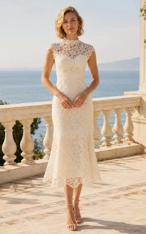 Ivory Floral Lace Jewel Neck Cap Sleeve Tea-length Formal Guest Dress