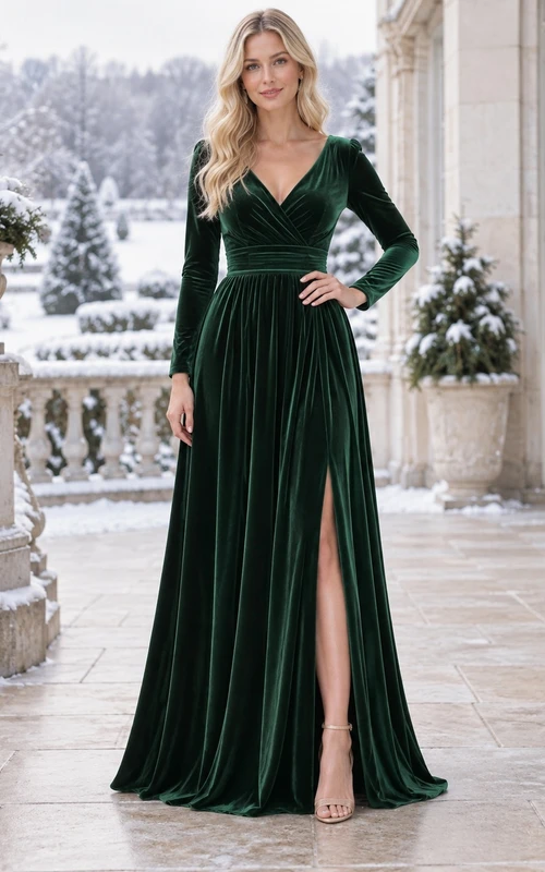 Winterhochzeit Smaragdgrünes Samt-Brautjungfernkleid mit V-Ausschnitt, langen Ärmeln, Schlitz und bodenlang
