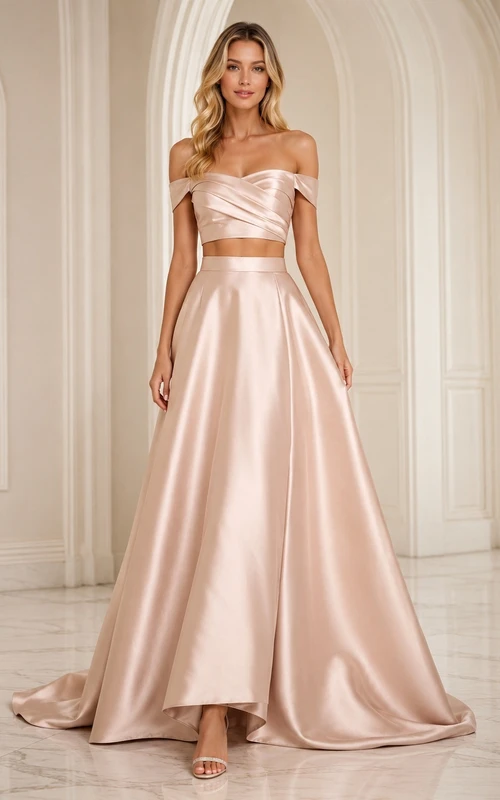 Blushing Pink Satin Off Shoulder Two Piece Sweep Train Formal Evening Dress