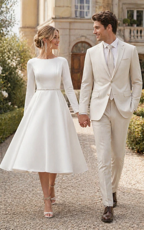 Vestido de novia sencillo de satén con escote barco, manga larga, corte en A y largo hasta la rodilla, con detalles de cristal.