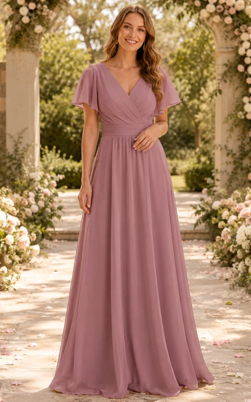 Robe de demoiselle d'honneur longue en mousseline mauve à col en V et manches papillon