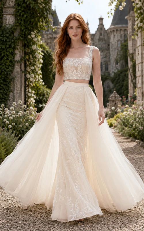 Robe deux pièces en dentelle, courte et en tulle, avec surjupe, style jardin de château