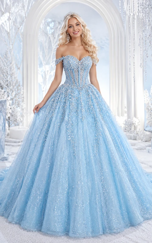 Vestido de princesa de quinceañera azul cielo con cristales helados, escote corazón y brillo, sin hombros, estilo princesa.