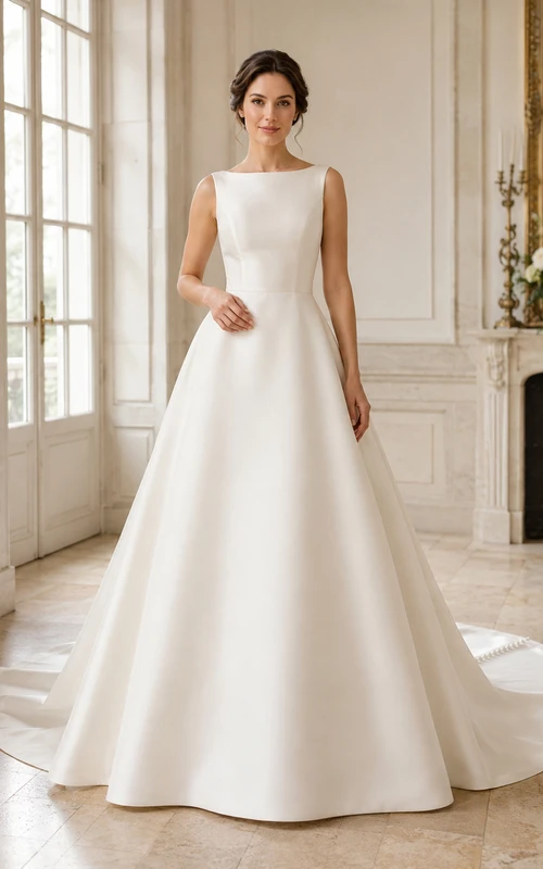 Vestido de novia minimalista de satén, estilo princesa, con escote barco, sin mangas y cola larga.