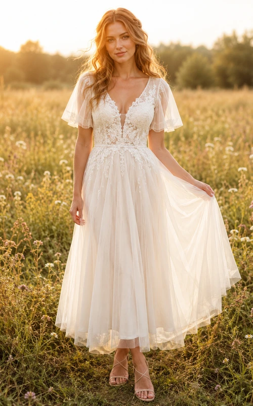 Boho Lace Tulle Wedding Dress A-Line V-Neck Short Sleeve Tea Length Bridal Gown