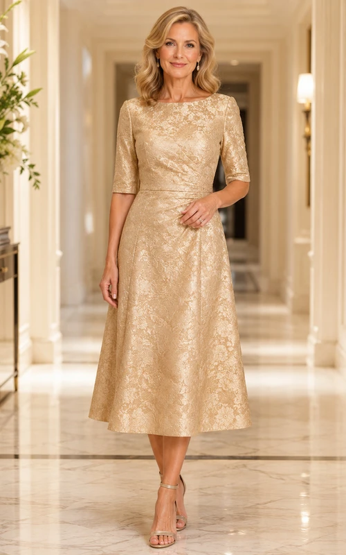 Soft Gold Vintage Bateau Jacquard A-Line Tea-Length Mother of the Bride Midi Dress with Three-Quarter Sleeves