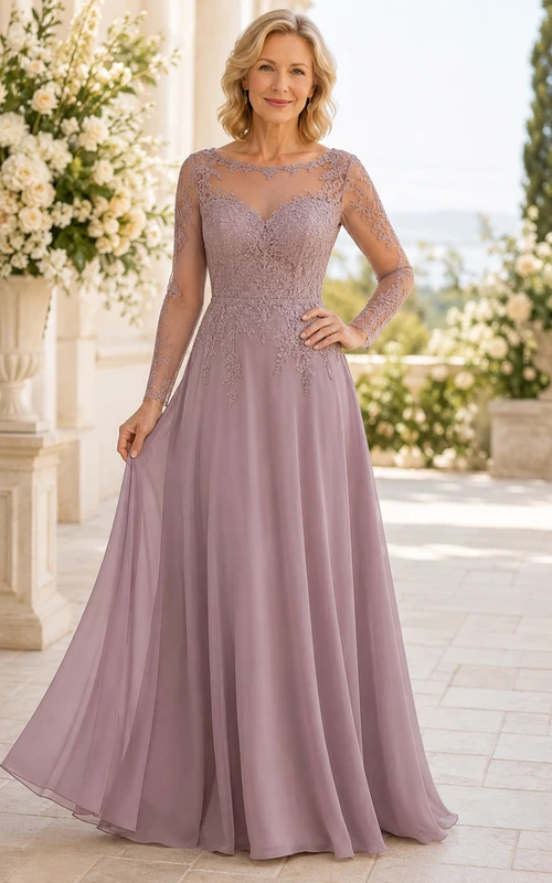 MOB-Kleid, mauvefarbener Chiffon-Spitzen-A-Linien-Kurzarm-Rundhalsausschnitt-Bodenlänge-Plissee