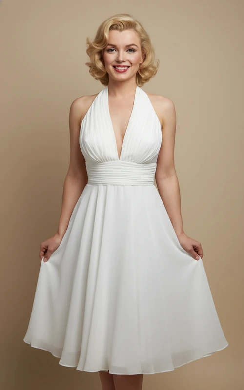 Vestido de novia midi retro blanco con escote halter y fruncido – Estilo Marilyn Monroe
