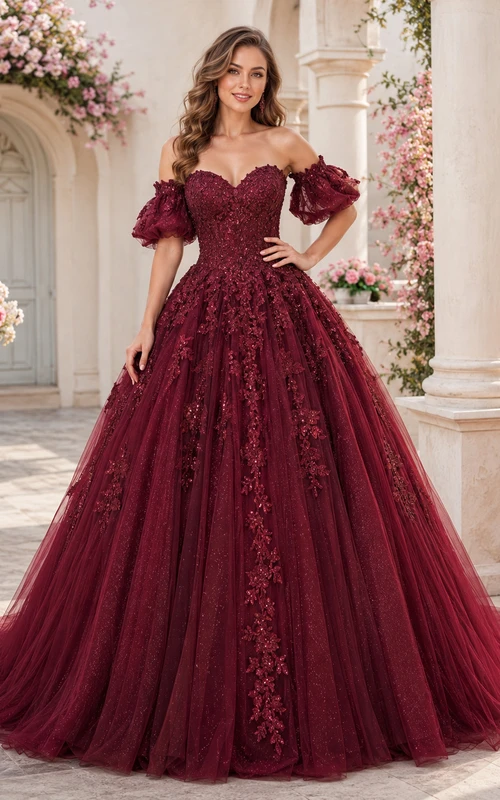 Burgundy Luxury Off Shoulder Puff Sleeve Applique Long Train Quinceanera Ball Gown