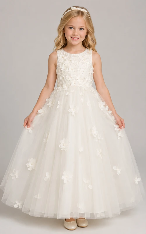 Vestido de niña de flores de tul con mangas abullonadas, corte en A, cuello joya, falda a media pierna y detalle de lazo.