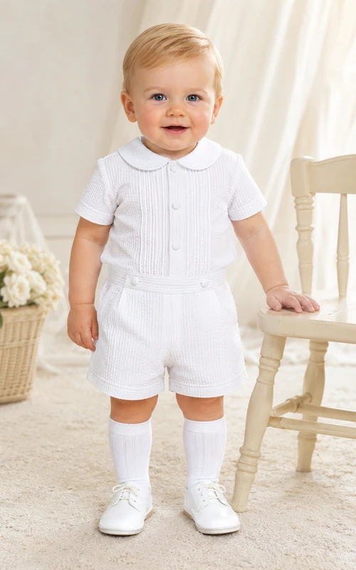 Conjunto de bautizo de dos piezas blanco con cuello Peter y pliegues para bebé niño.
