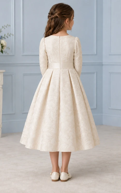 Schlichtes, langärmeliges, cremefarbenes, teelanges Blumenmädchenkleid mit gefalteten Laschen, Jacquard-Muster und Falten